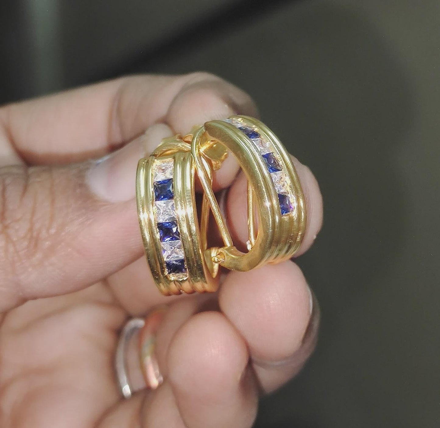 3Ct Princess cut Blue Sapphire VVS1/D Diamond 14K Yellow Gold Finish Dangle Circle Hoop Huggie Women's earrings Gift For her