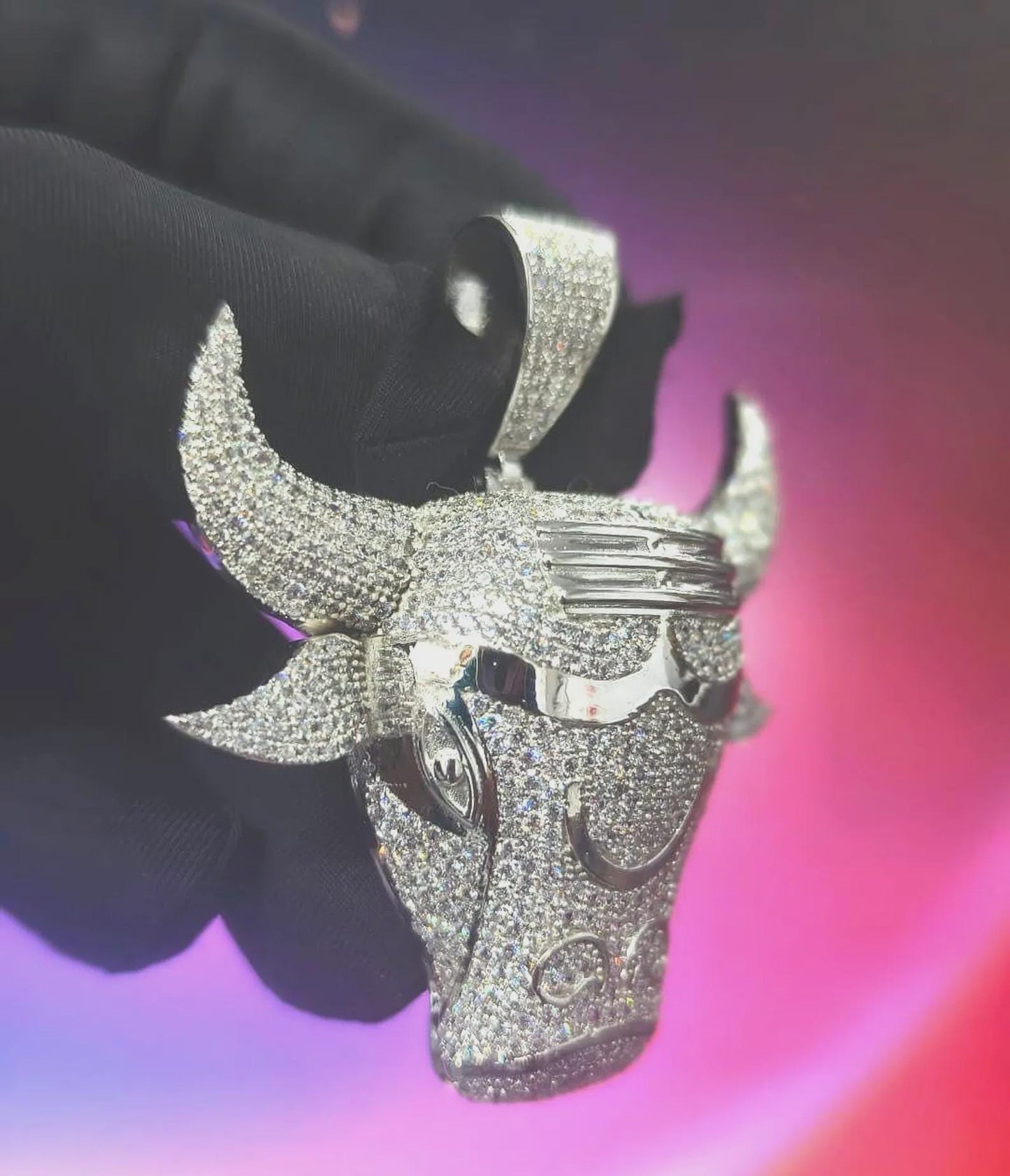 2Ct Round Cut Simulated White Diamond Bull Head Pendant 14K Yellow Gold Plated Free Chain 18" 925 Silver, Custom Hip Hop Animal Pendant