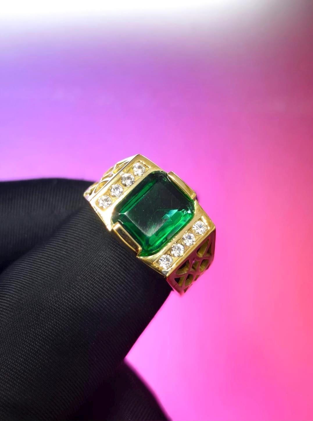 4Ct Emerald Cut Simulated Emerald Men's Wedding Ring 14K Yellow Gold Plated- 925 Silver