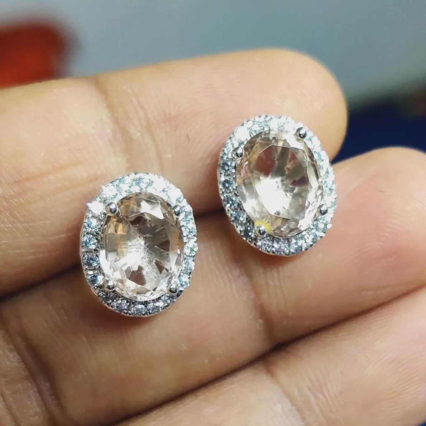 2Ct Oval Cut Simulated Morganite Cluster Halo Stud Earrings 14K White Gold Finish Sterling Silver Push Back Earrings Gift For Birthday