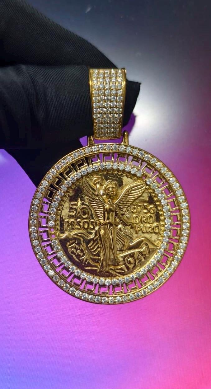 2Ct Round Cut Simulated Diamond Pendant 50 Pesos Centenario 14K Yellow Gold Plated - 925 Silver